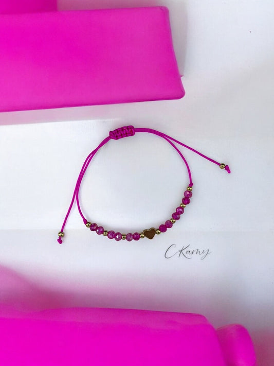 Bracelet femme cordon coeur doré facettes rose flash