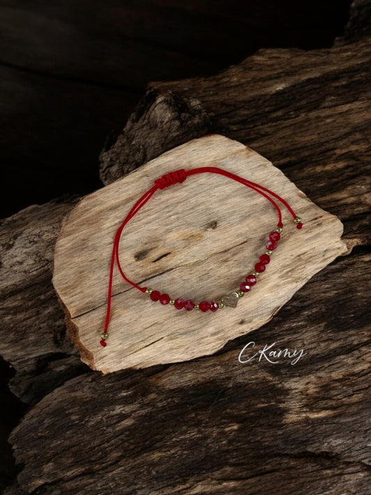 Bracelet femme cordon coeur doré facettes rouge