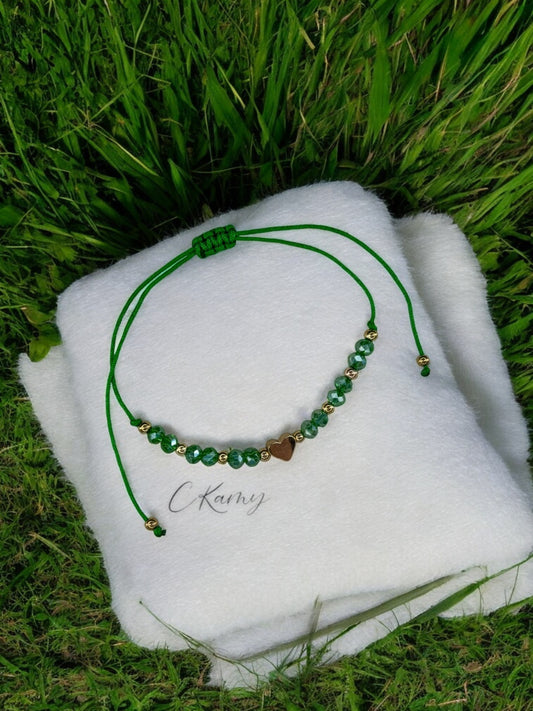 Bracelet femme cordon coeur doré facettes vert