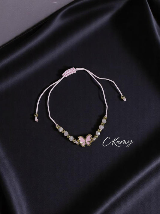 Bracelet femme cordon papillon couleur facettes rose clair