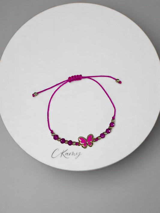 Bracelet femme cordon papillon couleur facettes rose flash