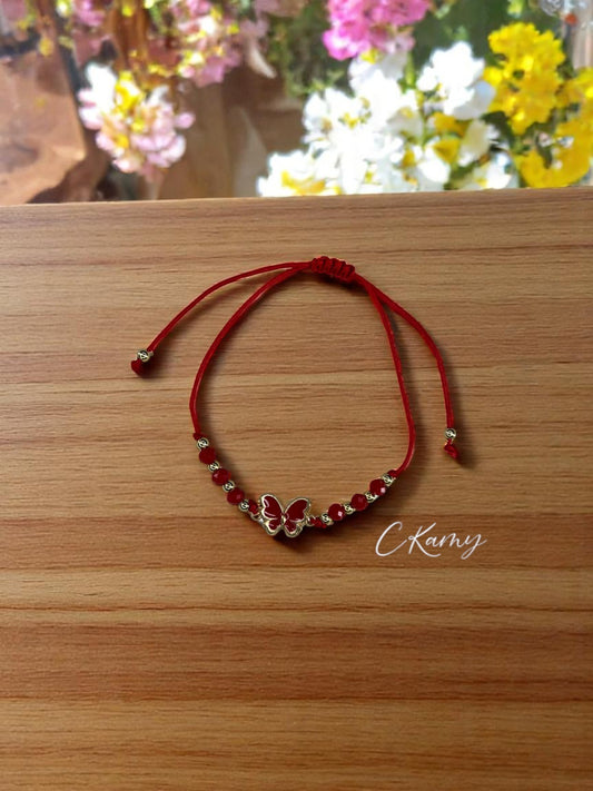 Bracelet femme cordon papillon couleur facettes rouge