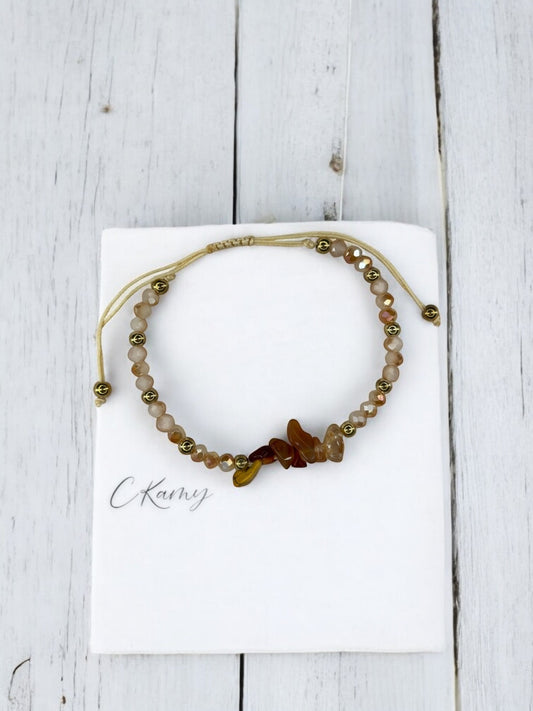 Bracelet femme cordon pierres facettes beige foncé