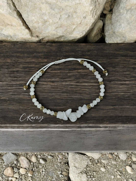 Bracelet femme cordon pierres facettes blanc transparent
