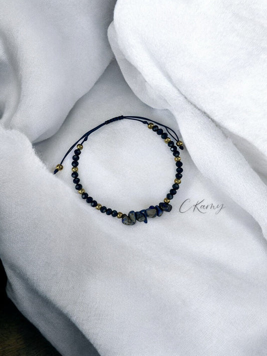 Bracelet femme cordon pierres facettes bleu marine