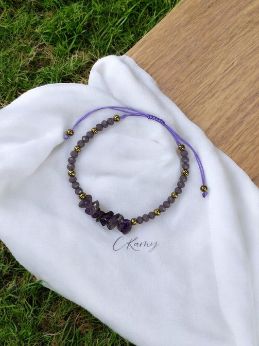 Bracelet femme cordon pierres facettes violet