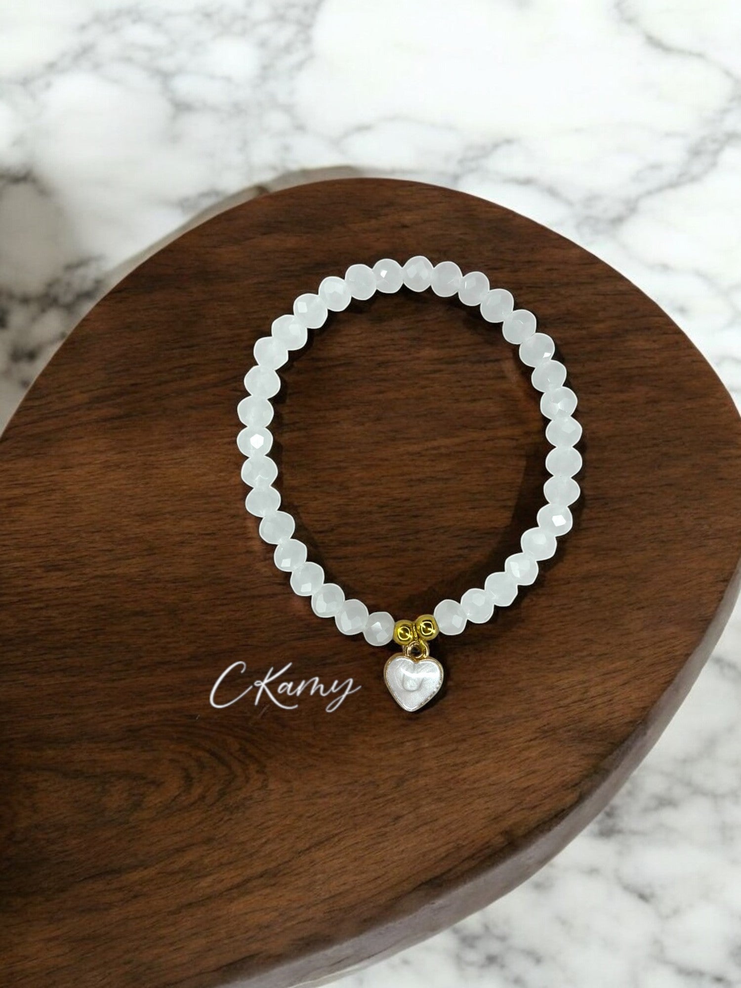 Bracelet femme facettes 6mm blanc & coeur