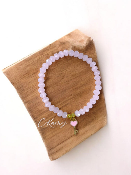 Bracelet femme facettes 6mm rose & clé
