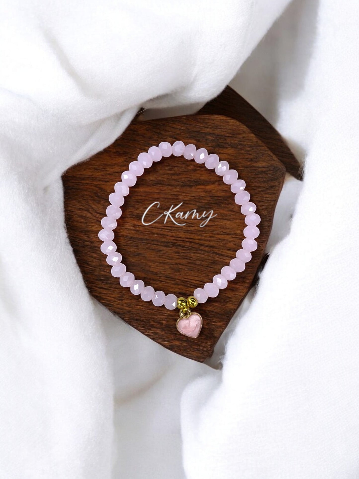 Bracelet femme facettes 6mm rose & coeur