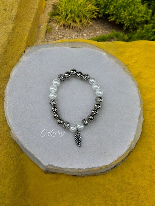 Bracelet femme feuille perles argent blanc