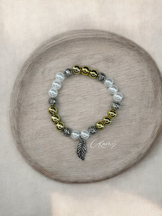 Bracelet femme feuille perles doré blanc