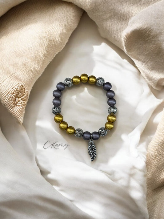 Bracelet femme feuille perles doré gris