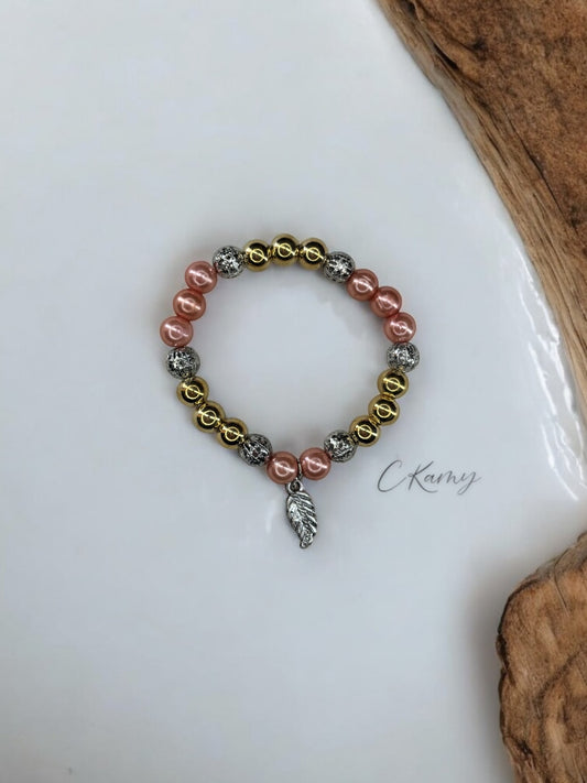 Bracelet femme feuille perles doré rose pêche