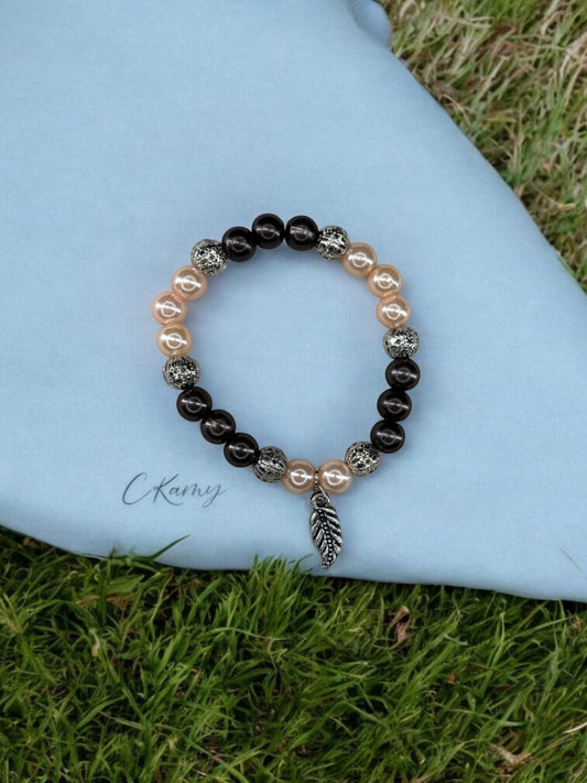 Bracelet femme feuille perles marron chair clair