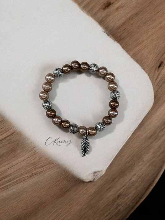 Bracelet femme feuille perles marron foncé marron clair