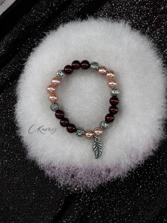 Bracelet femme feuille perles prune rose saumon