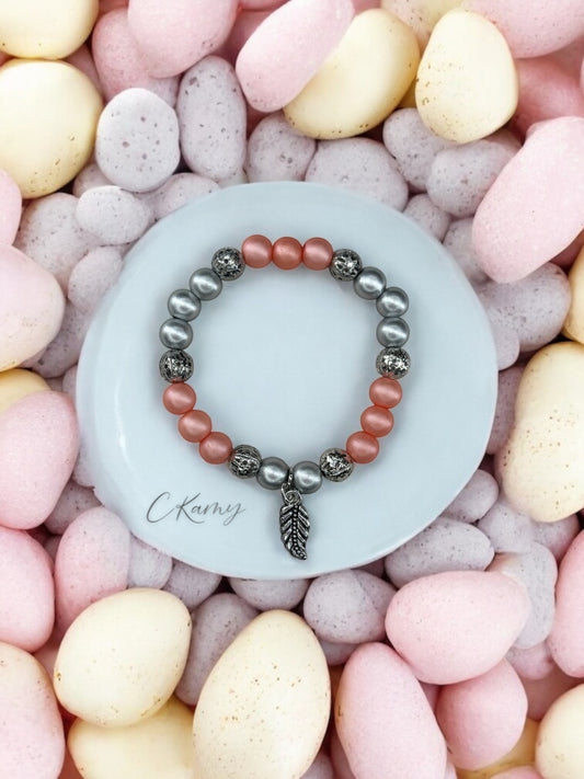 Bracelet femme feuille perles rose corail argent