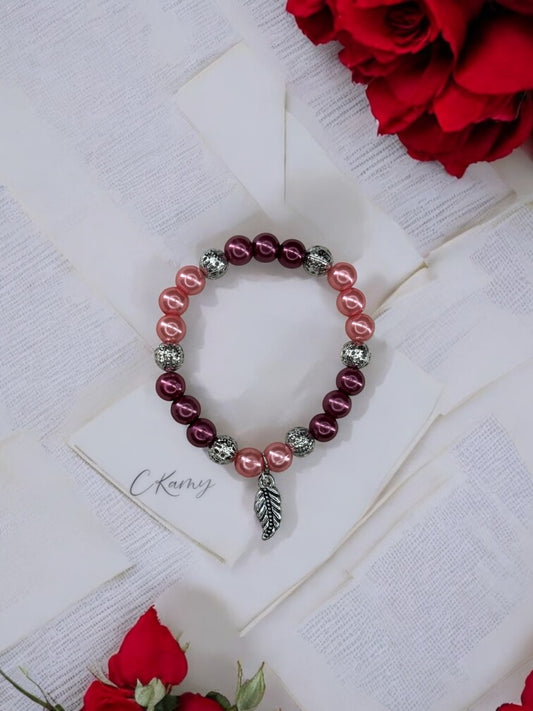 Bracelet femme feuille perles rose saumon prune clair