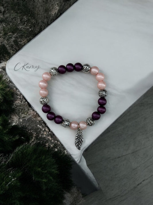 Bracelet femme feuille perles violet foncé rose clair
