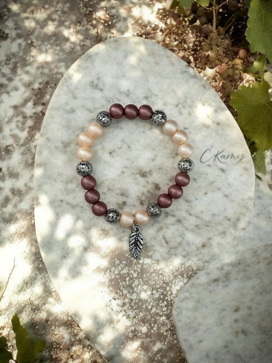 Bracelet femme feuille perles violet rosé crème