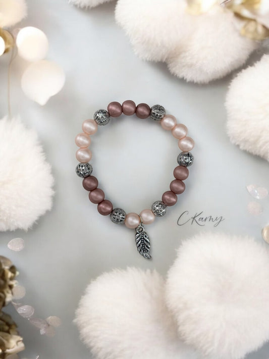Bracelet femme feuille perles violet rosé rose clair