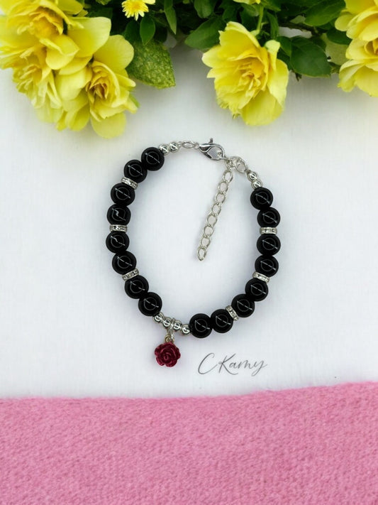 Bracelet femme fleur rose rouge noir brillant