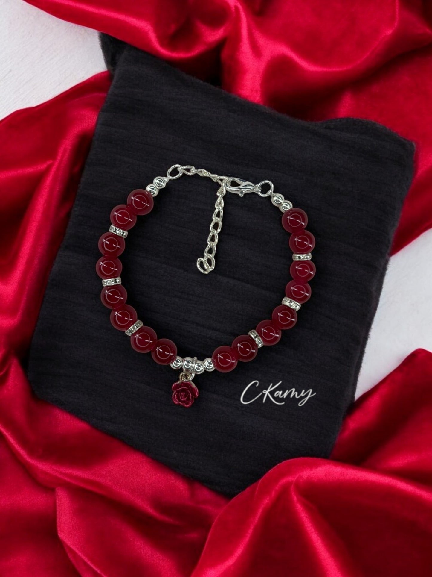 Bracelet femme fleur rose rouge rouge foncé