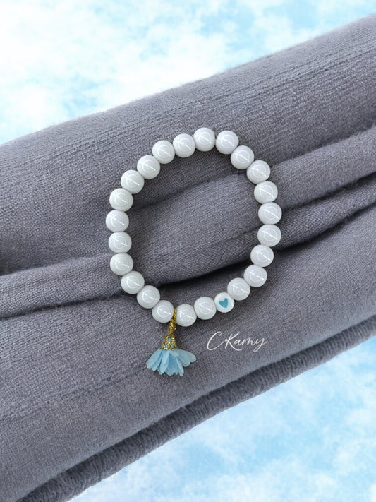 Bracelet femme fleur tissu bleu clair coeur bleu