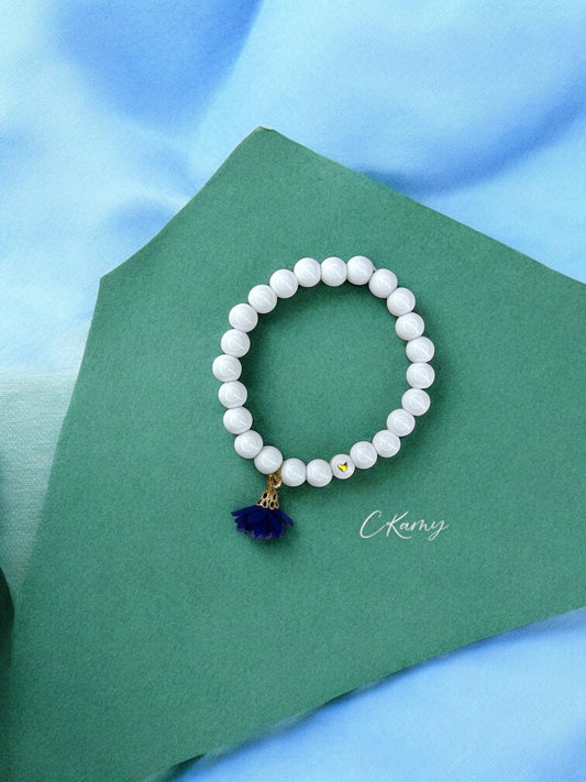 Bracelet femme fleur tissu bleu foncé coeur doré