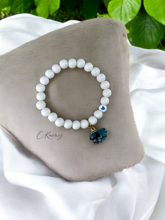 Bracelet femme fleur tissu bleu noir coeur bleu