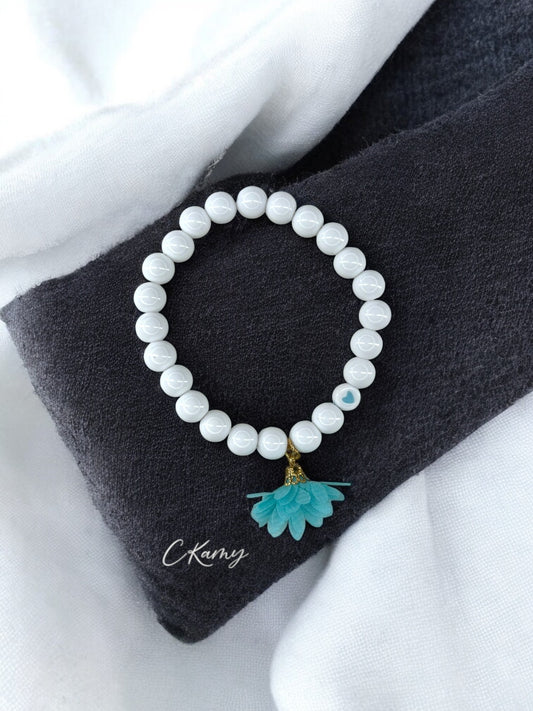 Bracelet femme fleur tissu bleu turquoise coeur bleu
