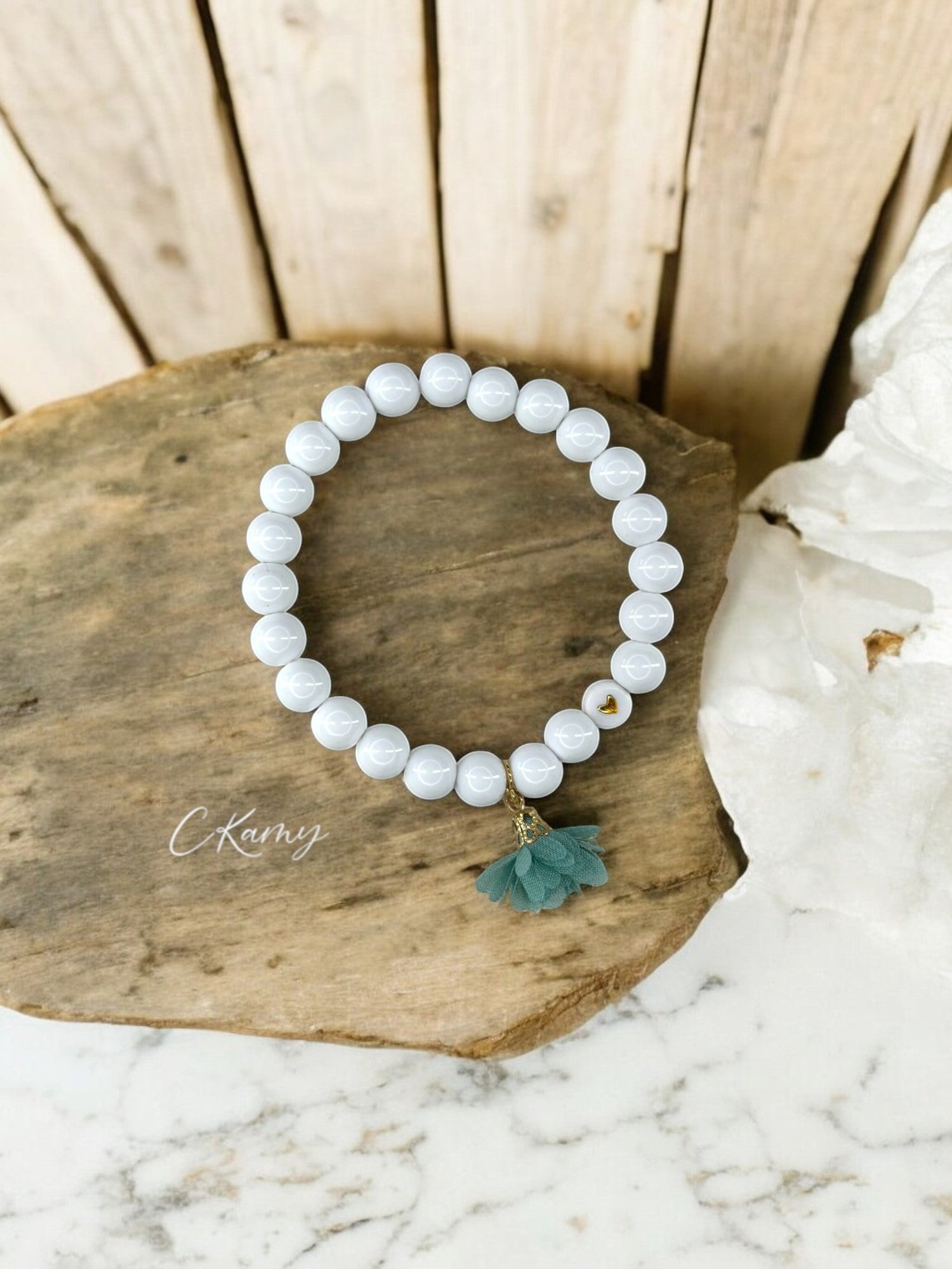 Bracelet femme fleur tissu bleu vert coeur doré