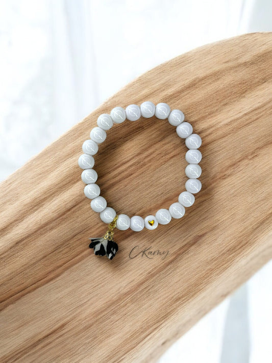 Bracelet femme fleur tissu noir blanc coeur doré