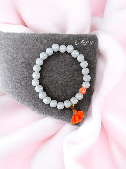 Bracelet femme fleur tissu orange coeur blanc
