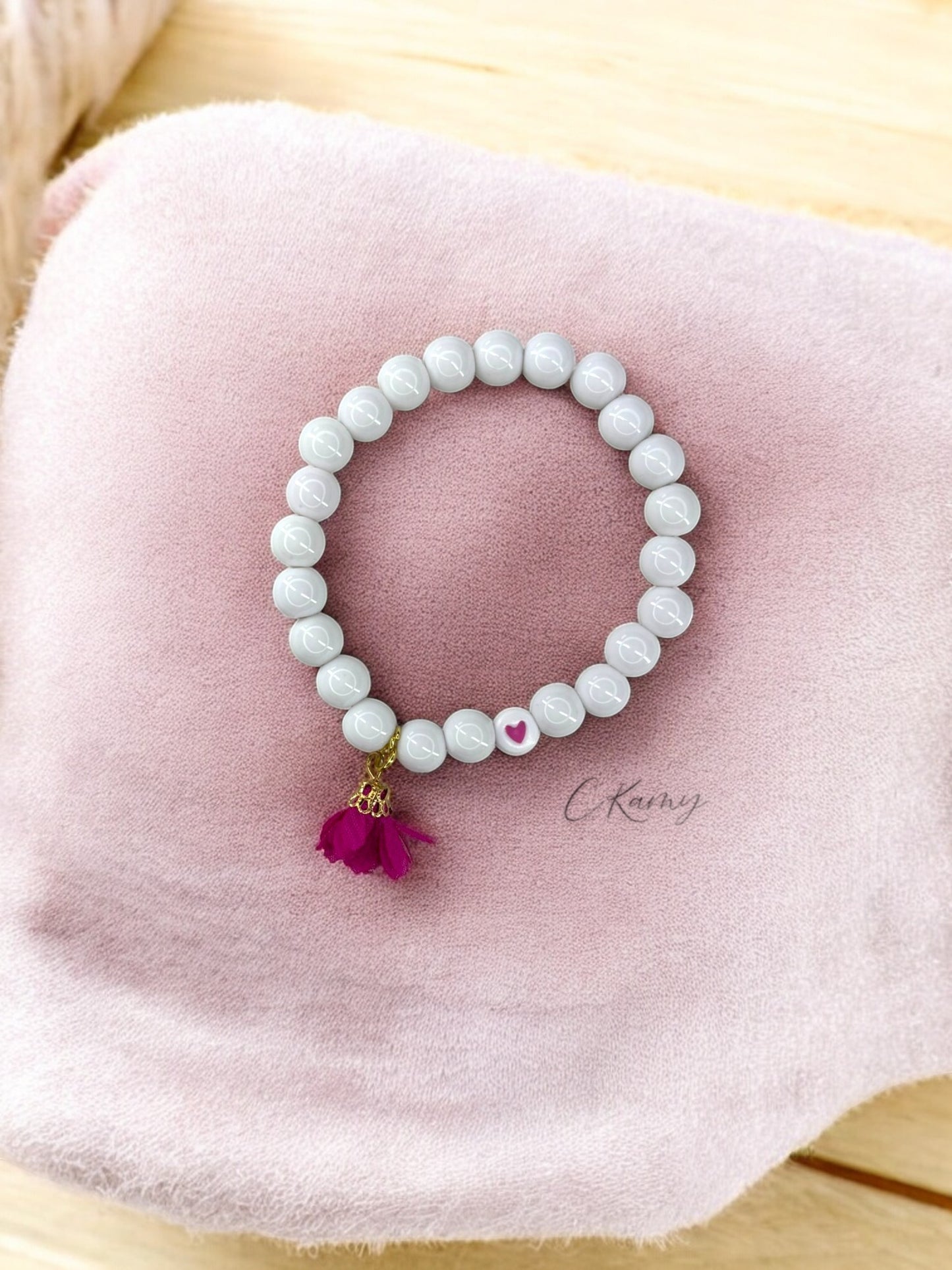 Bracelet femme fleur tissu rose cerise coeur rose