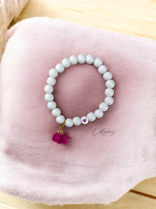 Bracelet femme fleur tissu rose cerise coeur rose