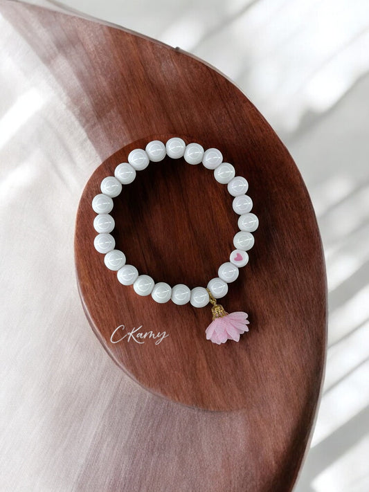 Bracelet femme fleur tissu rose clair coeur rose