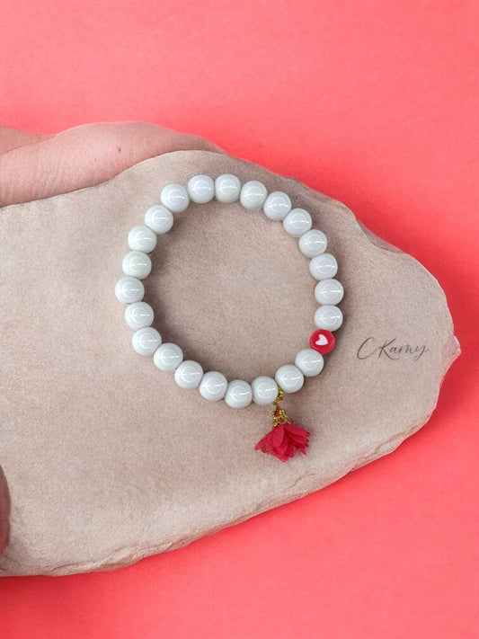Bracelet femme fleur tissu rose framboise coeur blanc