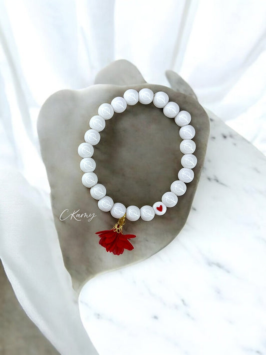 Bracelet femme fleur tissu rouge coeur rouge