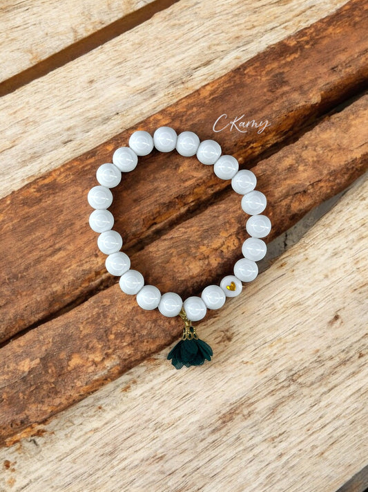 Bracelet femme fleur tissu vert foncé coeur doré