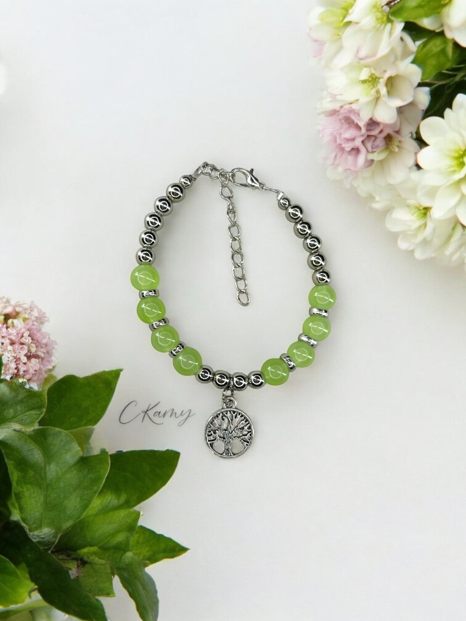 Bracelet femme grand arbre de vie argent vert clair