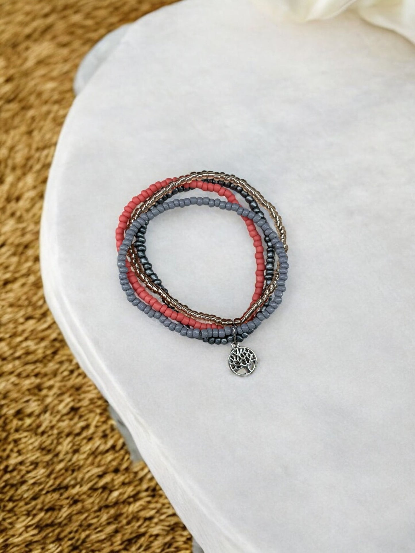 Bracelet femme multi rocailles arbre de vie rose saumon