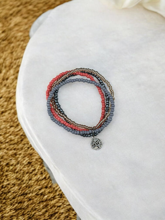 Bracelet femme multi rocailles arbre de vie rose saumon