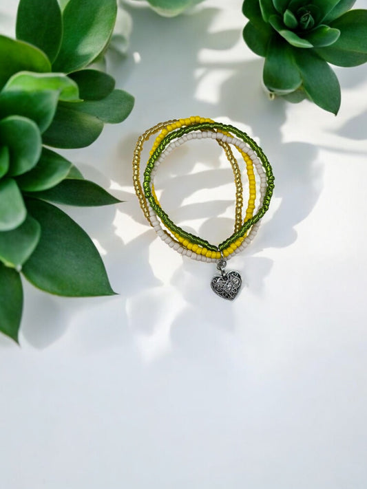 Bracelet femme multi rocailles coeur ancien jaune 1