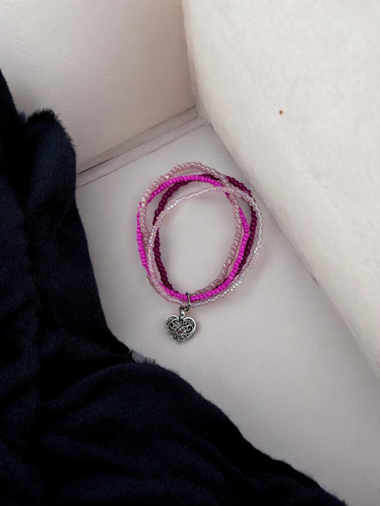 Bracelet femme multi rocailles coeur ancien rose