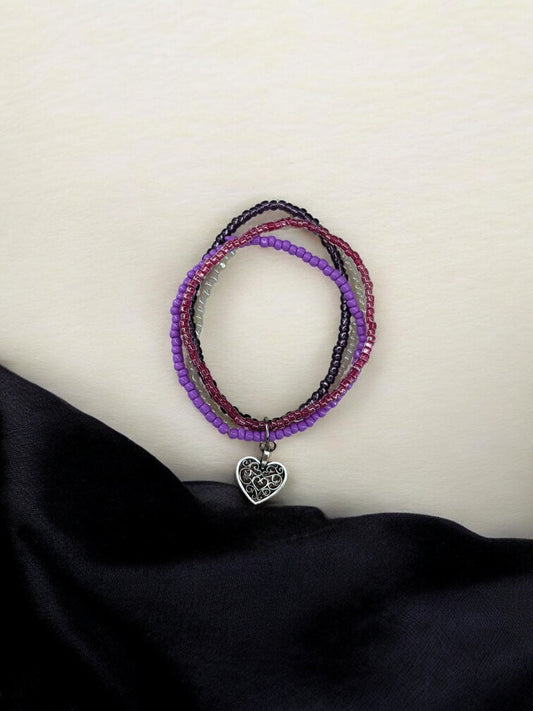 Bracelet femme multi rocailles coeur ancien violet