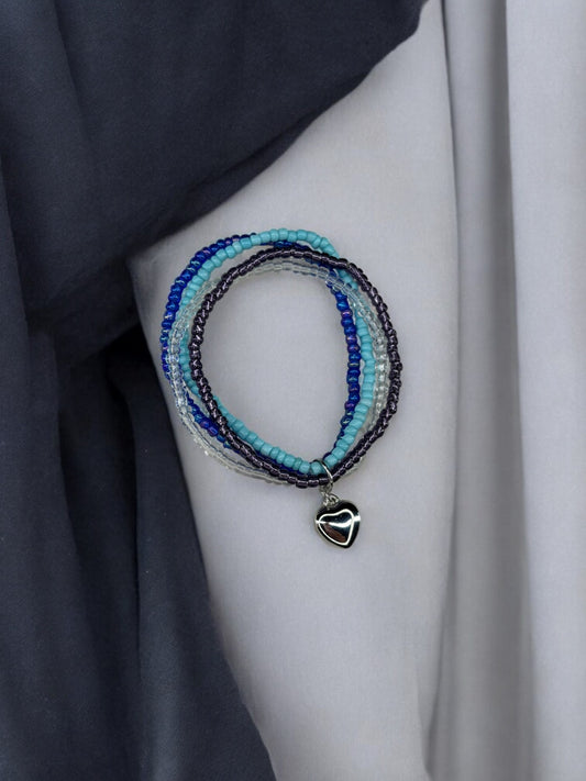 Bracelet femme multi rocailles coeur bombé bleu