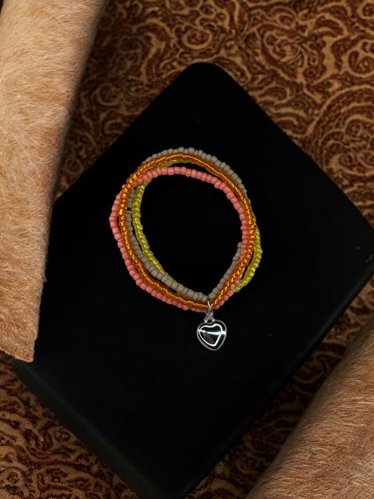 Bracelet femme multi rocailles coeur bombé orange