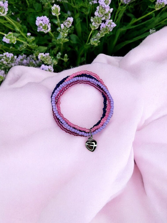 Bracelet femme multi rocailles coeur bombé violet