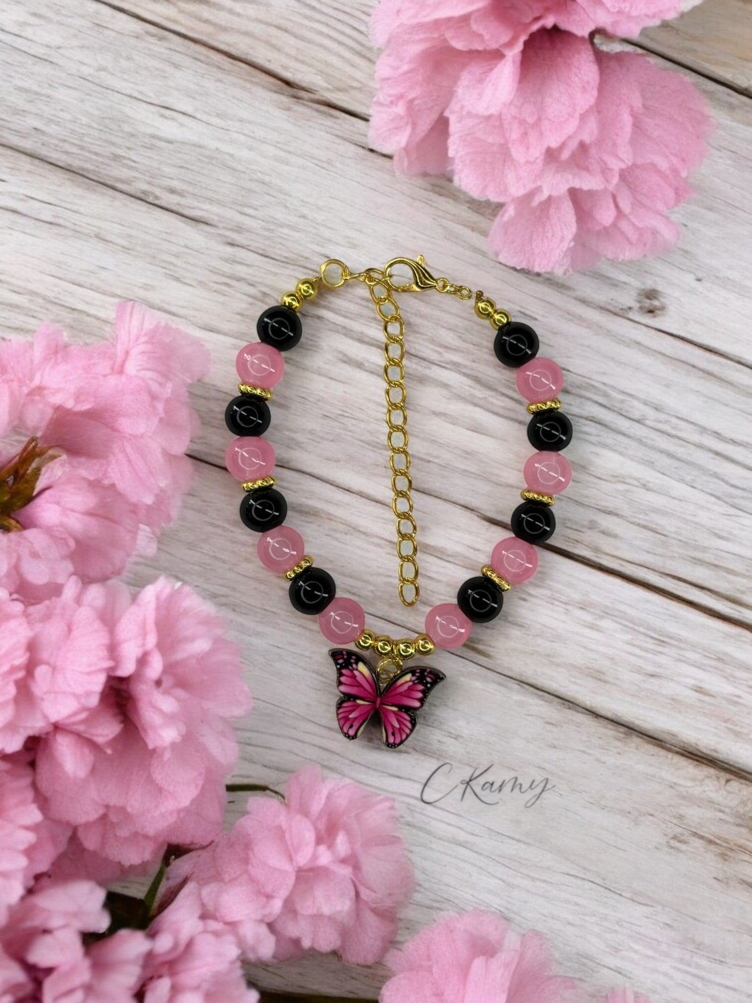 Bracelet femme papillon multicolore doré noir rose